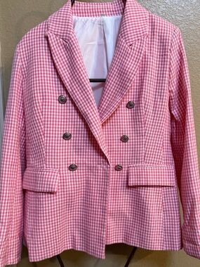 Boutique Pink Gingham Double-Breasted Blazer